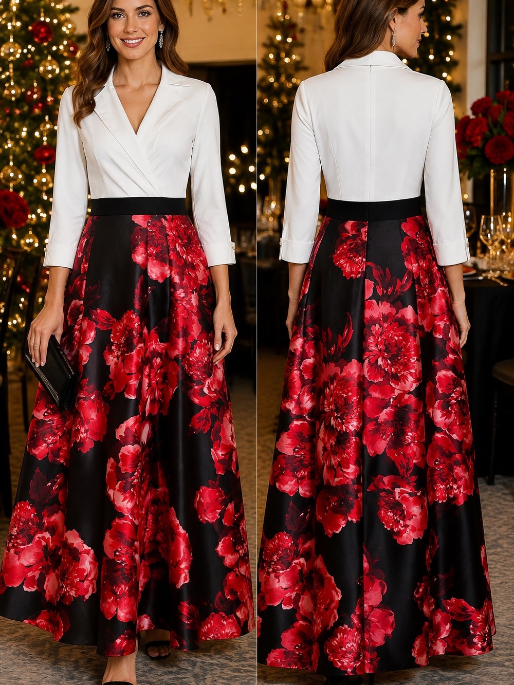 White Wrap Bodice Maxi Dress with Red Floral Black Skirt NWT - Picture 16 of 16